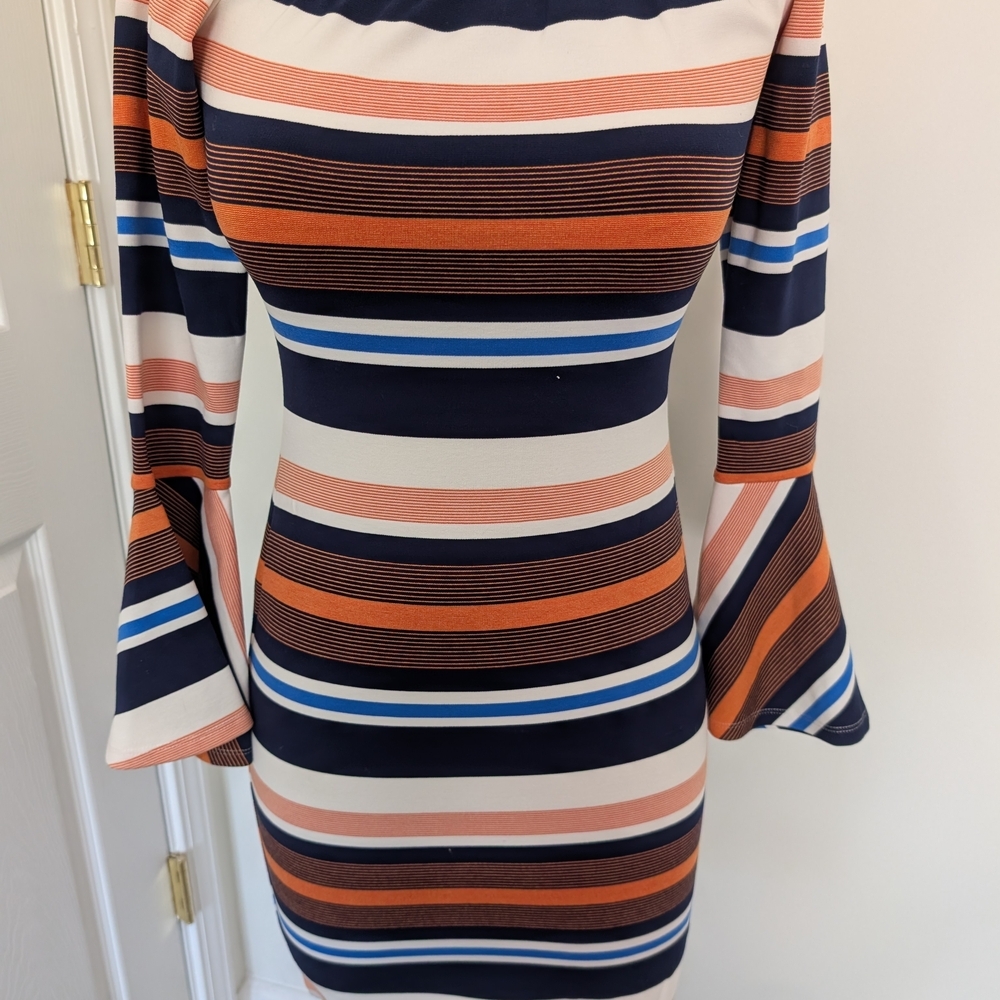 Sugarlips Blue and White Off the Shoulder Bell Sleeve Dress